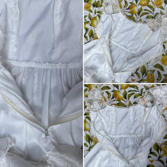 HANDMADE VTG (60s - 70s) RUFFLE & LACE full skirt wedding dress w/ ribbon tie! - Picture 5 of 14